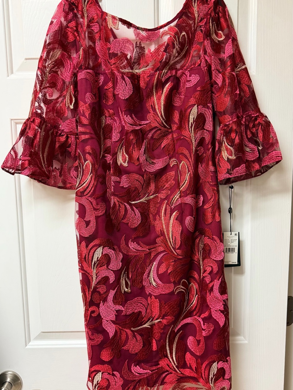 Adrianna Papell Red & Pink Embroidered Midi Dress
